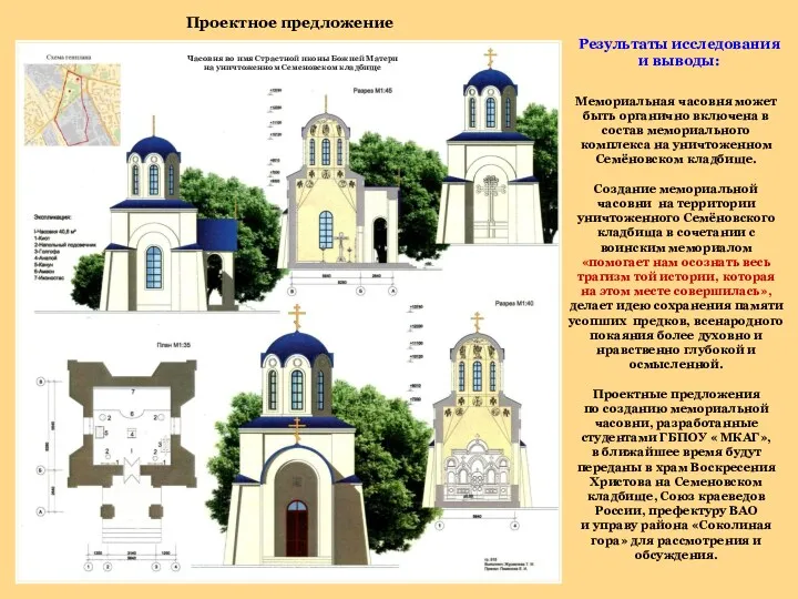 Мемориальная часовня может быть органично включена в состав мемориального комплекса на уничтоженном Семёновском