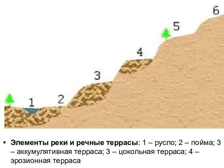 Элементы реки и речные террасы: 1 – русло; 2 – пойма; 3 –