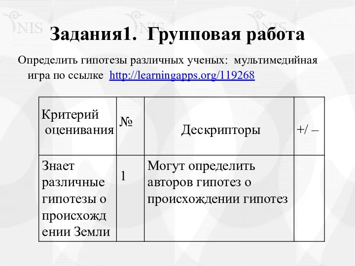 Задания1. Групповая работа Определить гипотезы различных ученых: мультимедийная игра по ссылке http://learningapps.org/119268