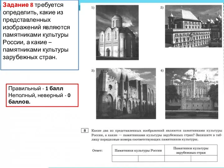 Задание 8 требуется определить, какие из представленных изображений являются памятниками