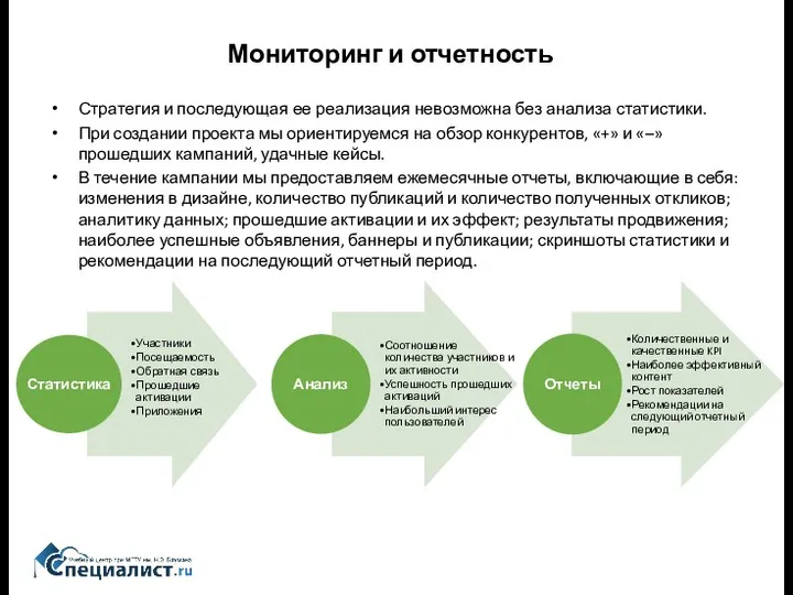 Мониторинг и отчетность Стратегия и последующая ее реализация невозможна без анализа статистики. При