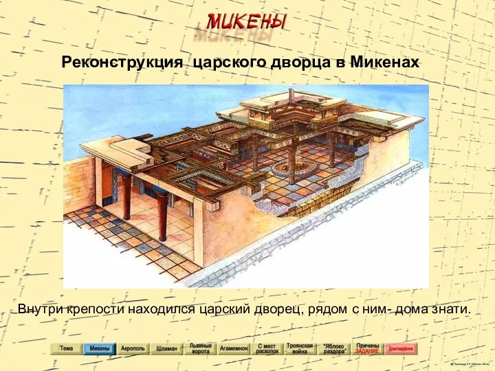 Реконструкция царского дворца в Микенах Внутри крепости находился царский дворец, рядом с ним- дома знати.