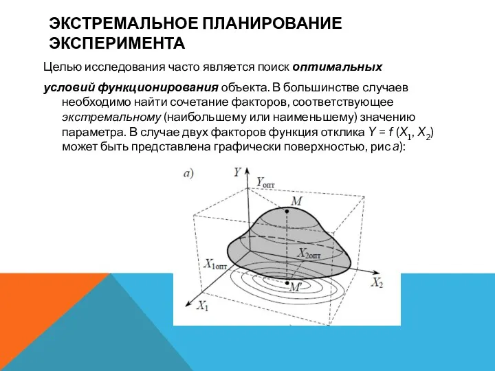 ЭКСТРЕМАЛЬНОЕ ПЛАНИРОВАНИЕ ЭКСПЕРИМЕНТА Целью исследования часто является поиск оптимальных условий