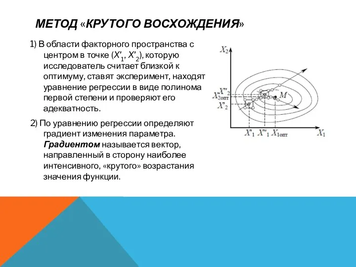 МЕТОД «КРУТОГО ВОСХОЖДЕНИЯ» 1) В области факторного пространства с центром