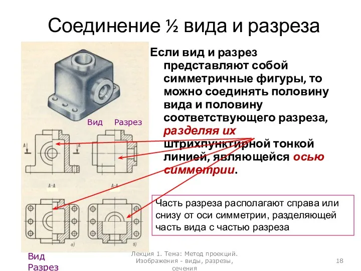 Соединение ½ вида и разреза Если вид и разрез представляют