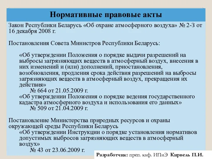 Нормативные правовые акты Закон Республики Беларусь «Об охране атмосферного воздуха»