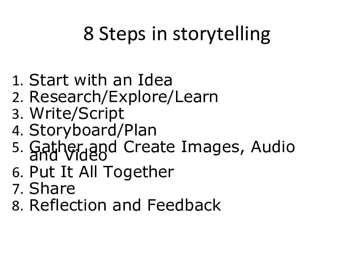 8 Steps in storytelling Start with an Idea Research/Explore/Learn Write/Script Storyboard/Plan Gather and