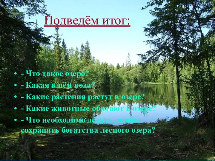 Подведём итог: - Что такое озеро? - Какая в нём