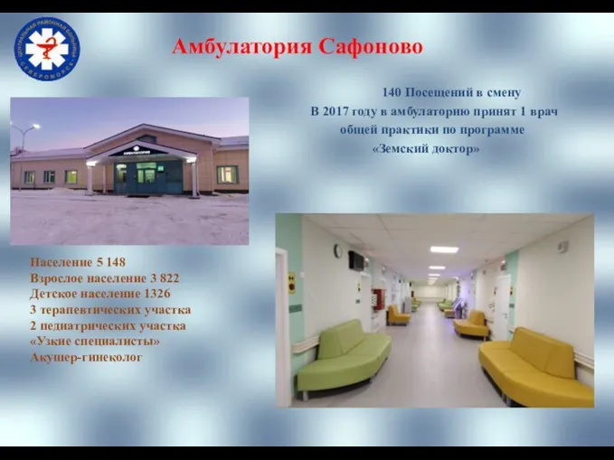 Амбулатория Сафоново 140 Посещений в смену В 2017 году в