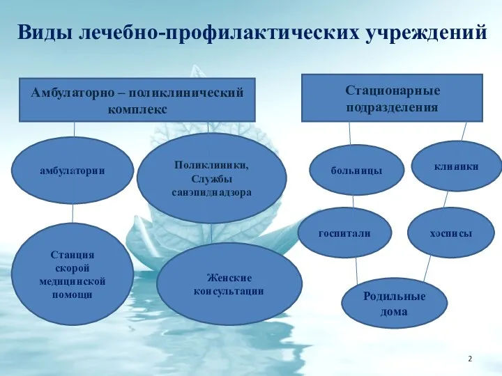 Виды лечебно-профилактических учреждений Амбулаторно – поликлинический комплекс Стационарные подразделения амбулатории