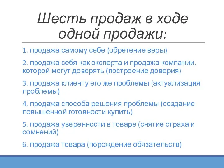 Шесть продаж в ходе одной продажи: 1. продажа самому себе (обретение веры) 2.