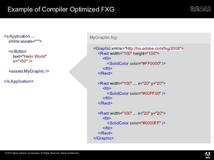 Example of Compiler Optimized FXG xmlns:assets="*"> text="Hello World" x="150" /> MyGraphic.fxg:
