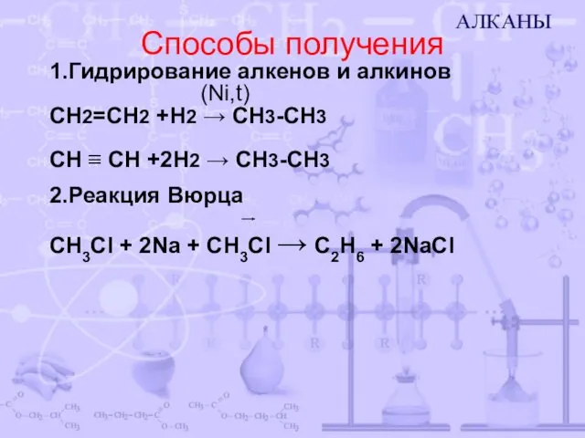 Способы получения 1.Гидрирование алкенов и алкинов (Ni,t) СН2=СН2 +Н2 →