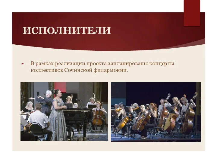 ИСПОЛНИТЕЛИ В рамках реализации проекта запланированы концерты коллективов Сочинской филармонии.
