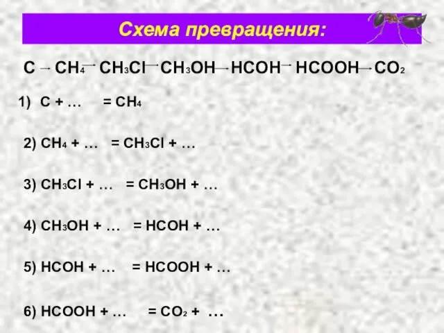 Схема превращения: С СН4 СН3CI CH3OH HCOH HCOOH CO2 C + … =