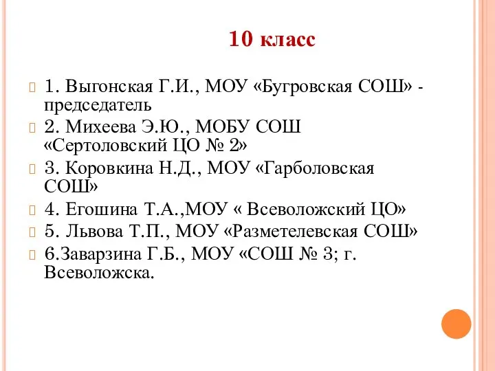10 класс 1. Выгонская Г.И., МОУ «Бугровская СОШ» -председатель 2.