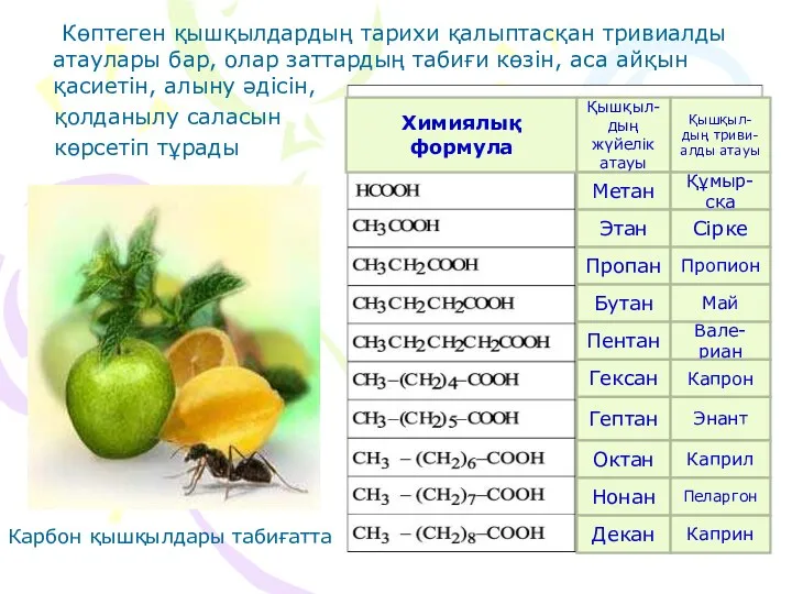 Көптеген қышқылдардың тарихи қалыптасқан тривиалды атаулары бар, олар заттардың табиғи