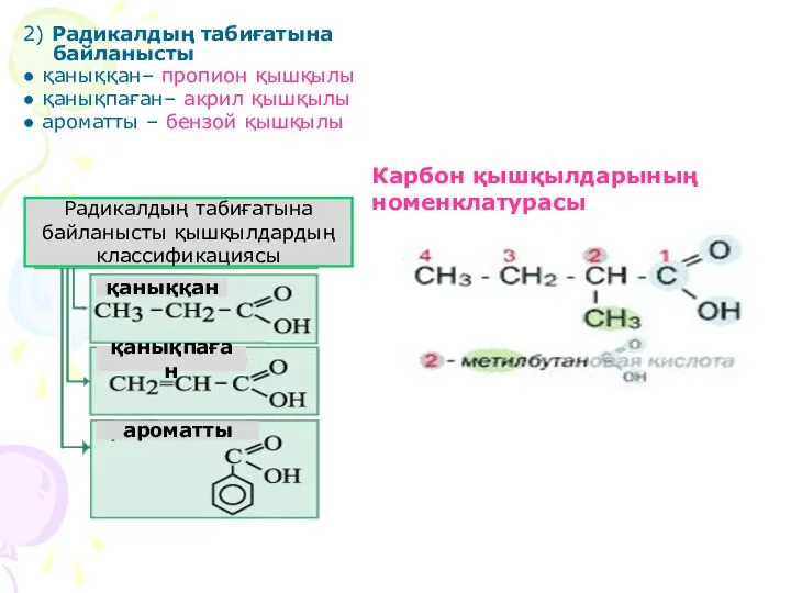 2) Радикалдың табиғатына байланысты ● қаныққан– пропион қышқылы ● қанықпаған–