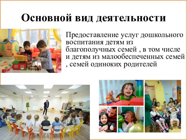 Основной вид деятельности Предоставление услуг дошкольного воспитания детям из благополучных