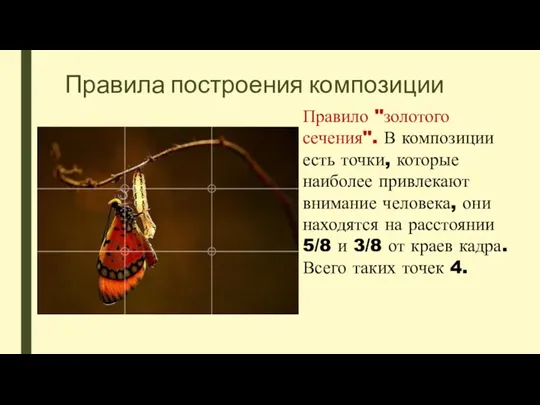 Правила построения композиции Правило "золотого сечения". В композиции есть точки, которые наиболее привлекают