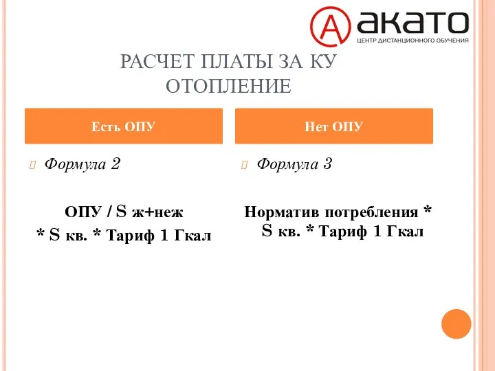 РАСЧЕТ ПЛАТЫ ЗА КУ ОТОПЛЕНИЕ Формула 2 ОПУ / S