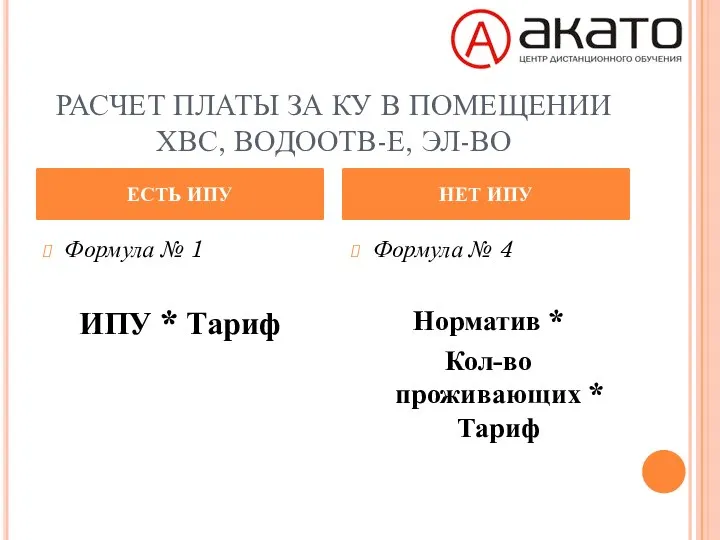 РАСЧЕТ ПЛАТЫ ЗА КУ В ПОМЕЩЕНИИ ХВС, ВОДООТВ-Е, ЭЛ-ВО Формула