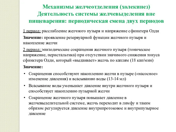 Механизмы желчеотделения (холекинез) Деятельность системы желчевыделения вне пищеварения: периодическая смена