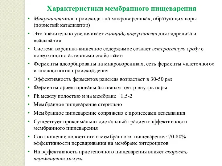 Характеристики мембранного пищеварения Микроанатомия: происходит на микроворсинках, образующих поры (пористый