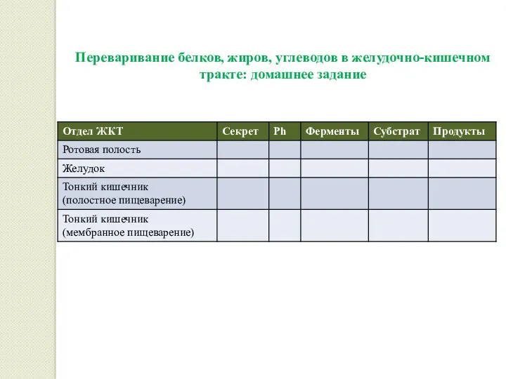 Переваривание белков, жиров, углеводов в желудочно-кишечном тракте: домашнее задание