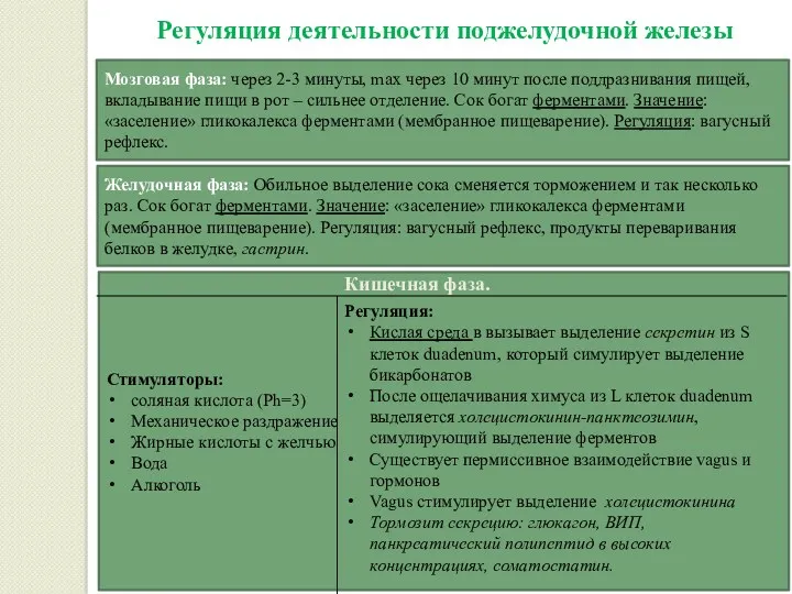 Регуляция деятельности поджелудочной железы Мозговая фаза: через 2-3 минуты, max