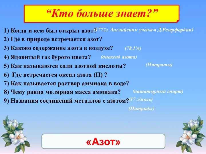 «Азот» 1) Когда и кем был открыт азот? 2) Где