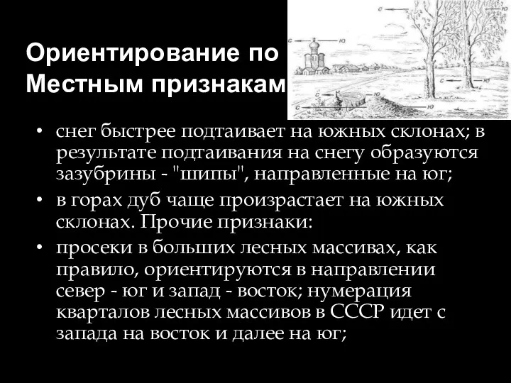 Ориентирование по : Местным признакам снег быстрее подтаивает на южных