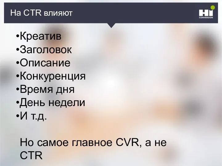 На CTR влияют Креатив Заголовок Описание Конкуренция Время дня День