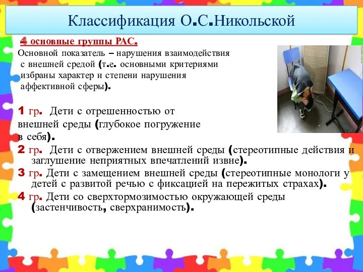 Классификация О.С.Никольской 4 основные группы РАС. Основной показатель – нарушения