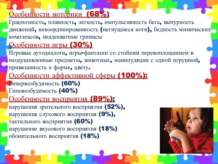 Особенности моторики (68%) Грациозность, плавность, легкость, импульсивность бега, вычурность движений,