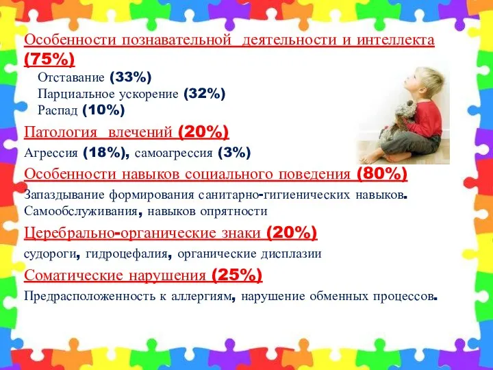 Особенности познавательной деятельности и интеллекта (75%) Отставание (33%) Парциальное ускорение