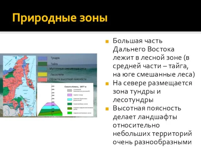 Природные зоны Большая часть Дальнего Востока лежит в лесной зоне