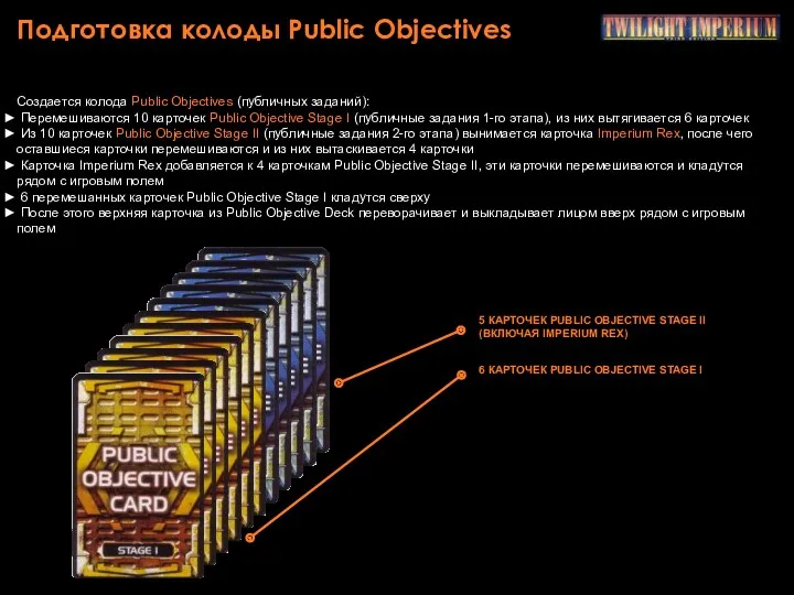 Подготовка колоды Public Objectives Создается колода Public Objectives (публичных заданий): Перемешиваются 10 карточек
