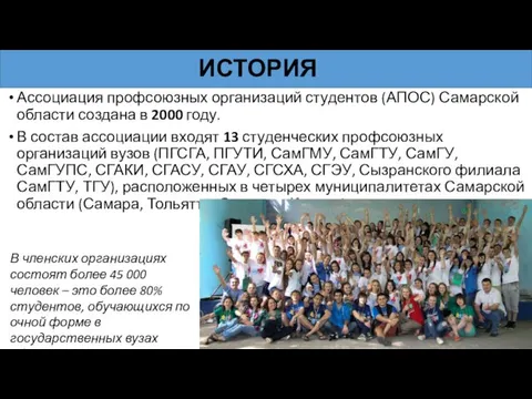 ИСТОРИЯ Ассоциация профсоюзных организаций студентов (АПОС) Самарской области создана в