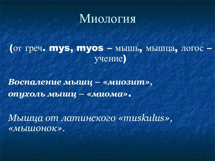 Миология (от греч. mys, myos – мышь, мышца, логос –