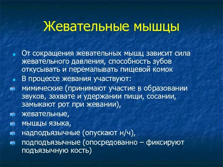 Жевательные мышцы От сокращения жевательных мышц зависит сила жевательного давления, способность зубов откусывать