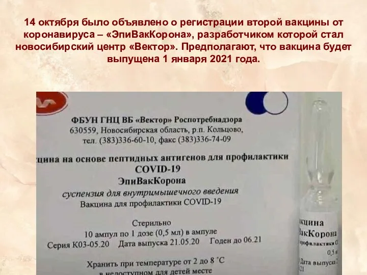 14 октября было объявлено о регистрации второй вакцины от коронавируса