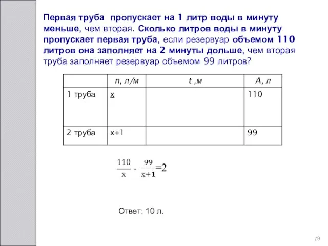 Первая труба пропускает на 1 литр воды в минуту меньше,