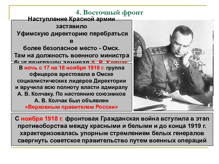 4. Восточный фронт Наступление Красной армии заставило Уфимскую директорию перебраться