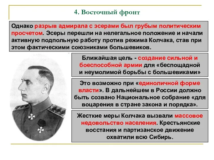 4. Восточный фронт Однако разрыв адмирала с эсерами был грубым