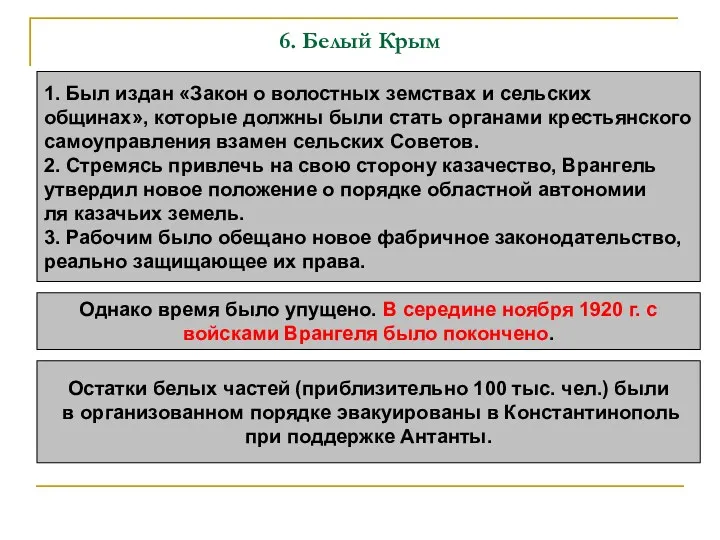 6. Белый Крым 1. Был издан «Закон о волостных земствах