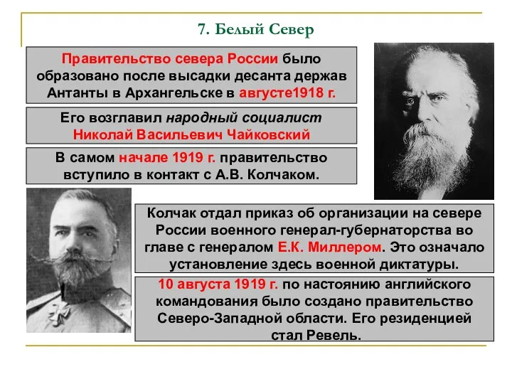 7. Белый Север Правительство севера России было образовано после высадки