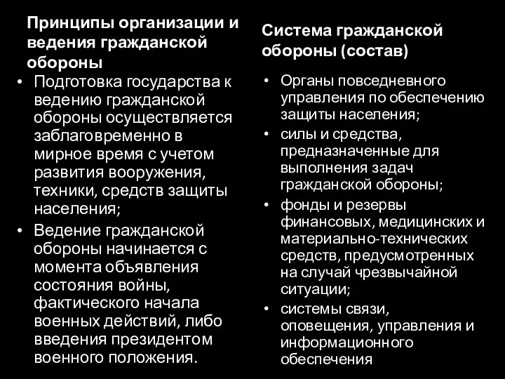 Принципы организации и ведения гражданской обороны Подготовка государства к ведению