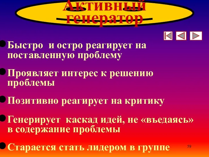 Активный генератор Быстро и остро реагирует на поставленную проблему Проявляет