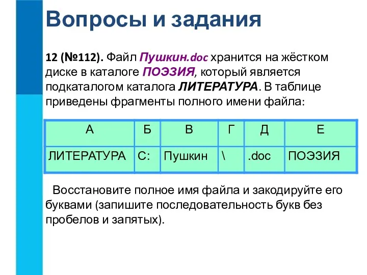 Вопросы и задания 12 (№112). Файл Пушкин.doc хранится на жёстком